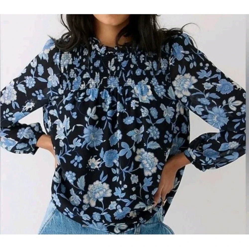 J.Crew Blouse‎ Sz XS Smocked Ruffleneck Chiffon Top Midnight Blue Floral Cottage